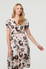 Brown | Floral Cap Sleeve Belted Wrap Midi Dress
