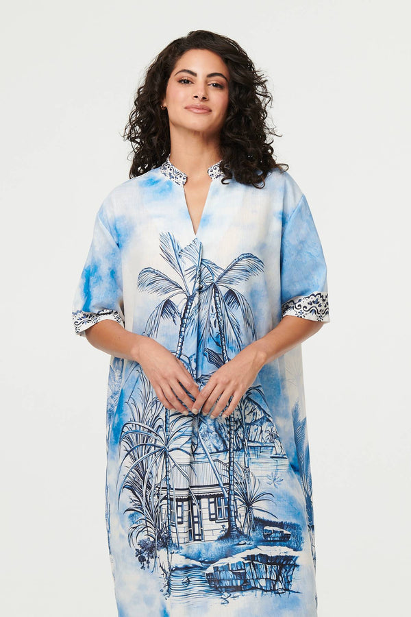 Blue | Abstract 1/2 Sleeve Midi Shift Dress
