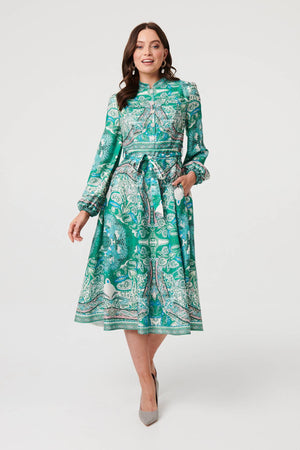 Green | Printed Long Sleeve Tie Midi Dress