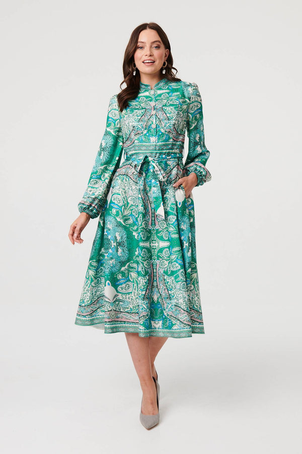 Green | Printed Long Sleeve Tie Midi Dress