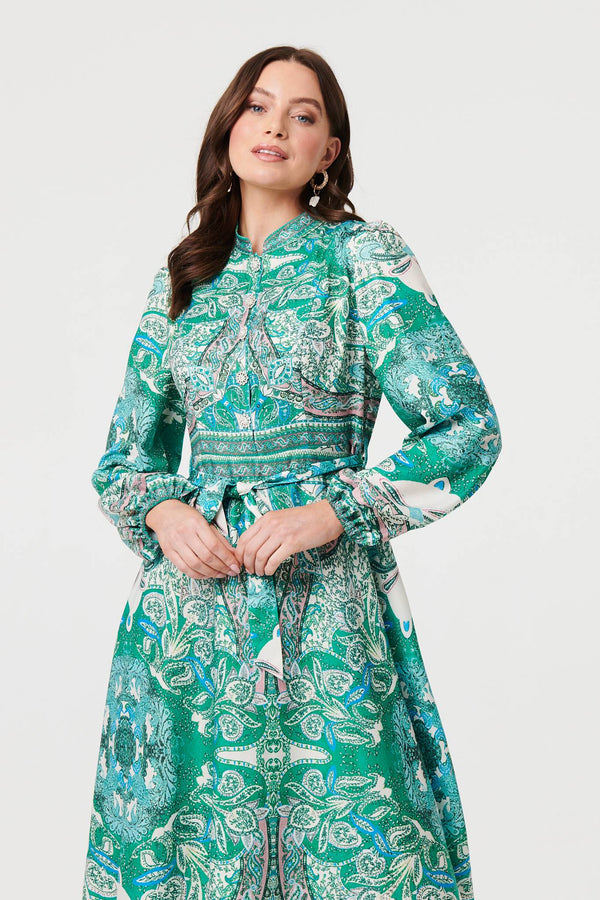 Green | Printed Long Sleeve Tie Midi Dress