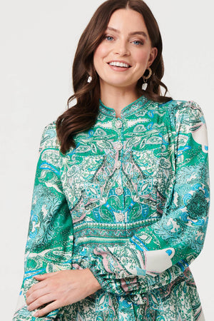 Green | Printed Long Sleeve Tie Midi Dress