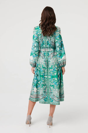 Green | Printed Long Sleeve Tie Midi Dress