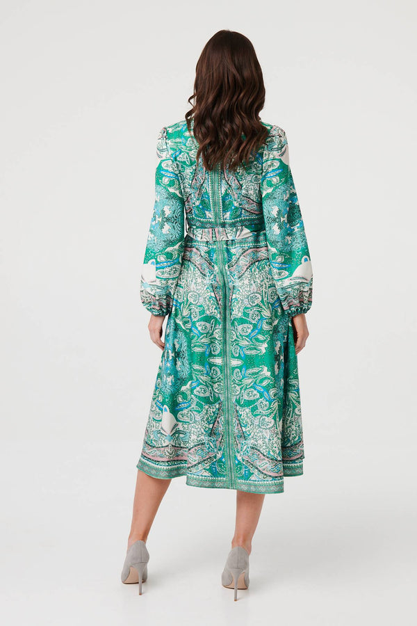 Green | Printed Long Sleeve Tie Midi Dress