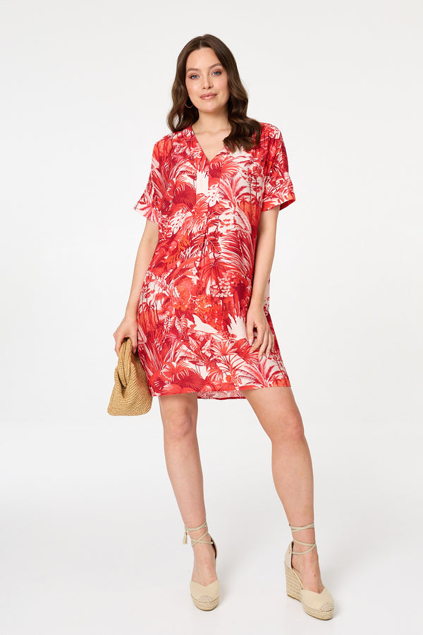 Red | Tropical Print Short Sleeve Shift Dress