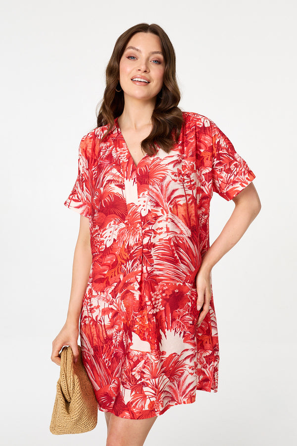 Red | Tropical Print Short Sleeve Shift Dress