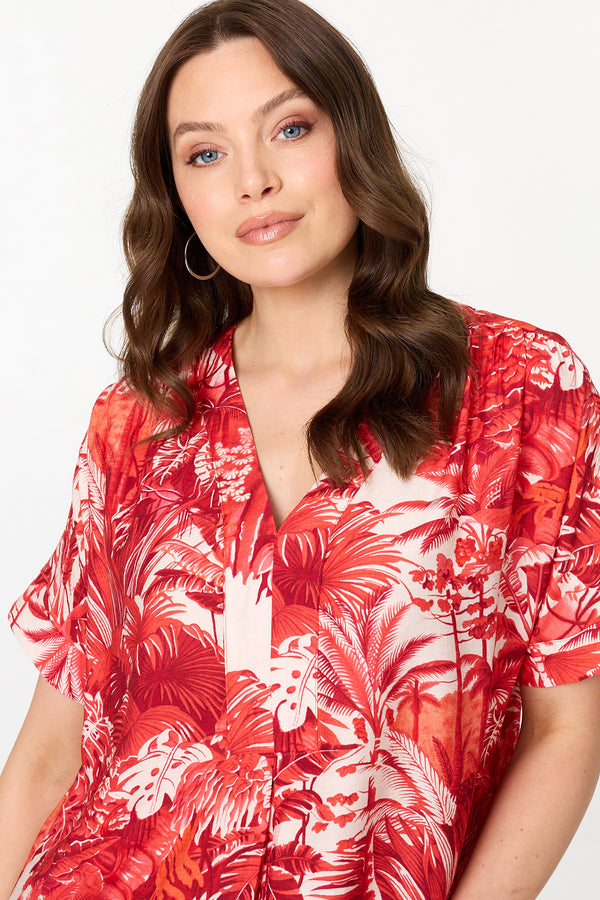 Red | Tropical Print Short Sleeve Shift Dress
