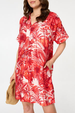 Red | Tropical Print Short Sleeve Shift Dress
