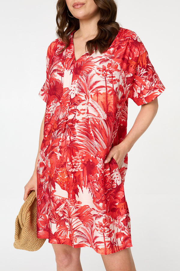 Red | Tropical Print Short Sleeve Shift Dress