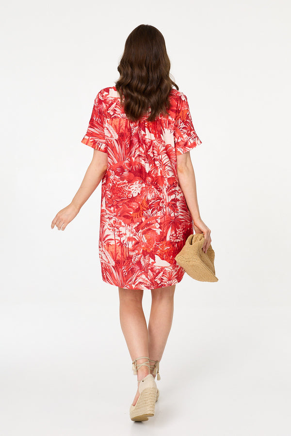 Red | Tropical Print Short Sleeve Shift Dress