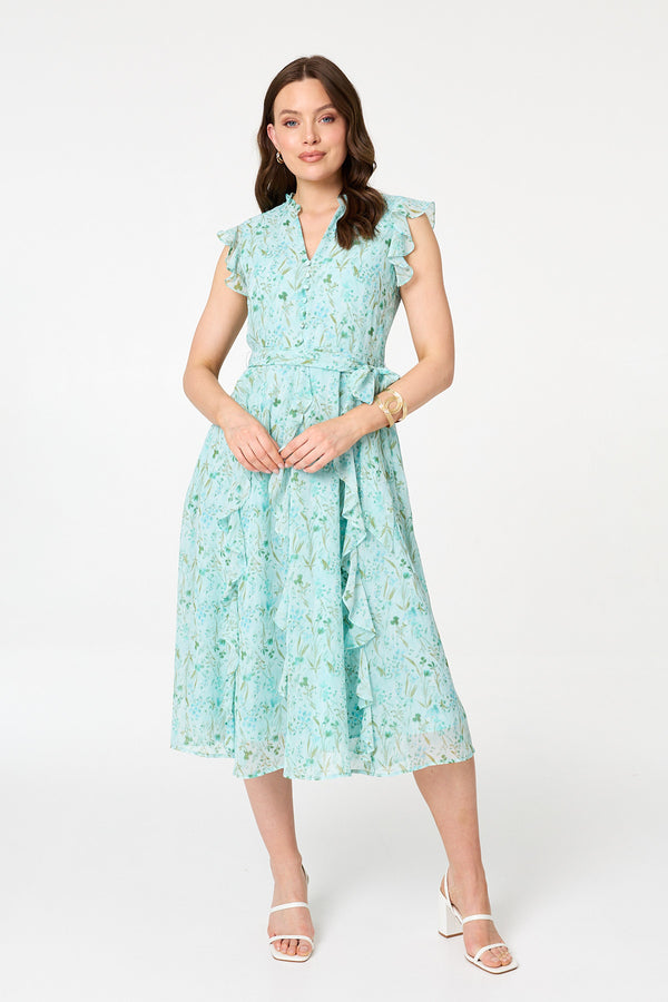 Green | Floral Tie Waist Frilled Midi Dress