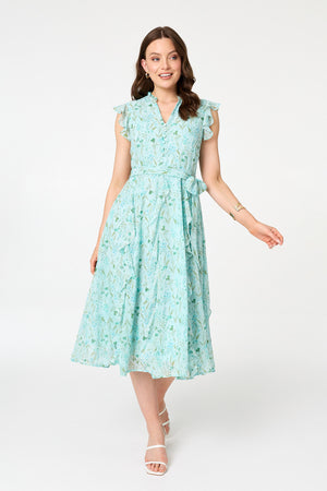 Green | Floral Tie Waist Frilled Midi Dress