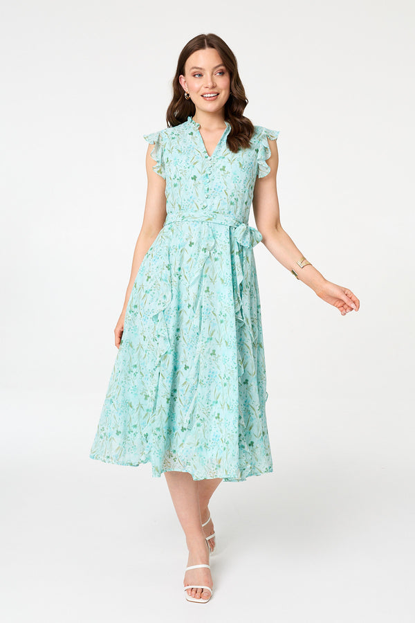 Green | Floral Tie Waist Frilled Midi Dress