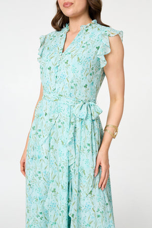 Green | Floral Tie Waist Frilled Midi Dress