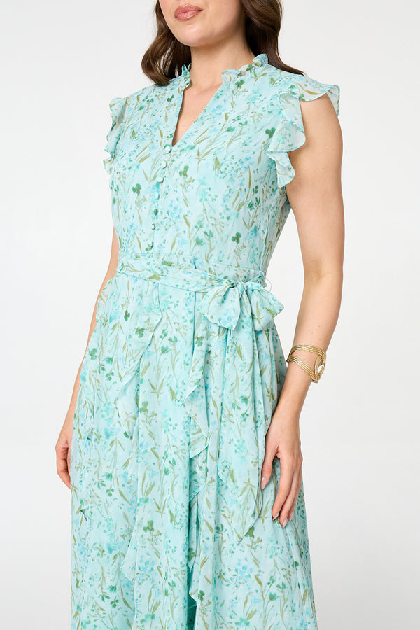 Green | Floral Tie Waist Frilled Midi Dress