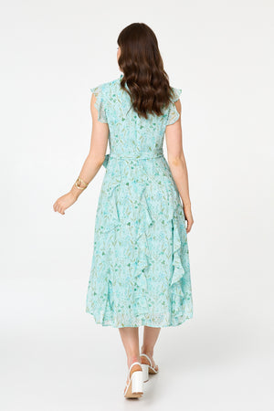 Green | Floral Tie Waist Frilled Midi Dress
