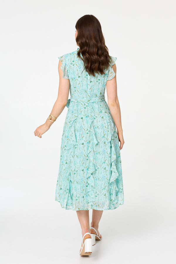 Green | Floral Tie Waist Frilled Midi Dress