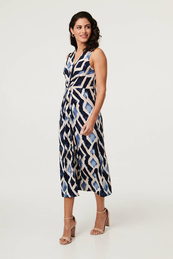 Navy | Printed Sleeveless Twist Midi Dress
