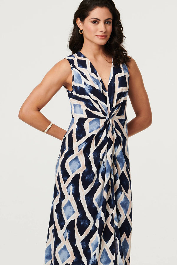 Navy | Printed Sleeveless Twist Midi Dress
