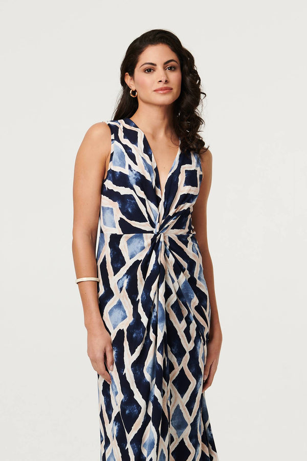 Navy | Printed Sleeveless Twist Midi Dress
