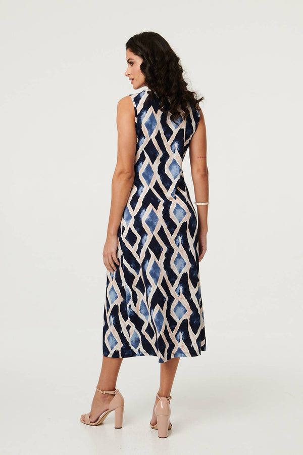 Navy | Printed Sleeveless Twist Midi Dress
