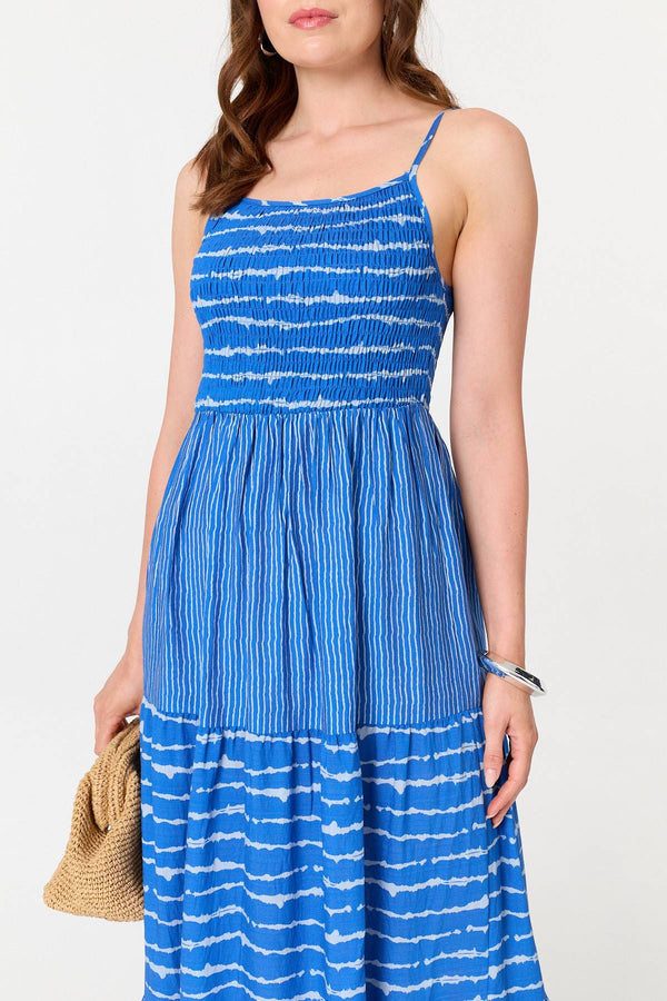 Blue | Striped Cami Strap Shirred Maxi Dress
