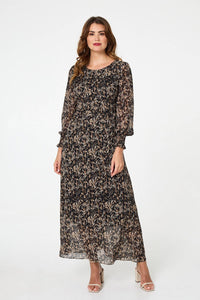 Black | Printed Long Sleeve Layered Maxi Dress
