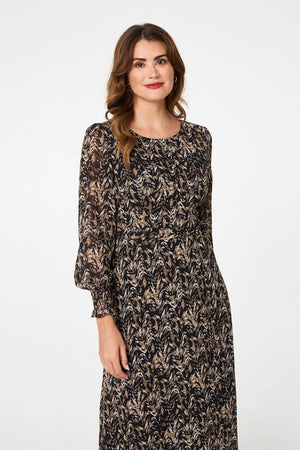 Black | Printed Long Sleeve Layered Maxi Dress
