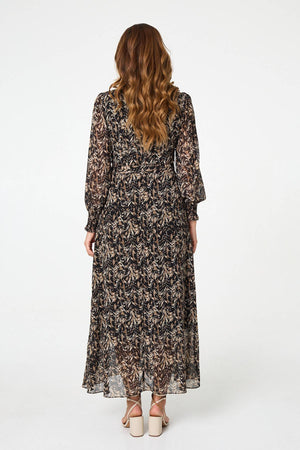 Black | Printed Long Sleeve Layered Maxi Dress
