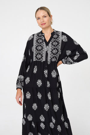 Black | Border Print Tier Long Sleeve Maxi Dress
