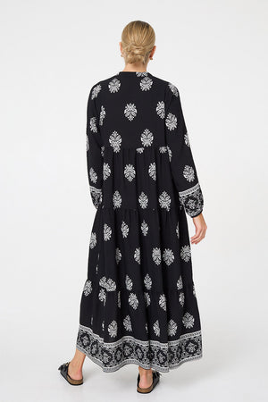 Black | Border Print Tier Long Sleeve Maxi Dress
