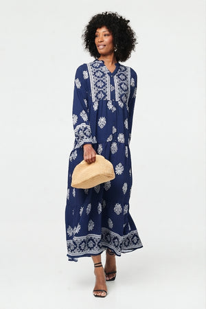 Navy | Border Print Tier Long Sleeve Maxi Dress : Model is 5'10