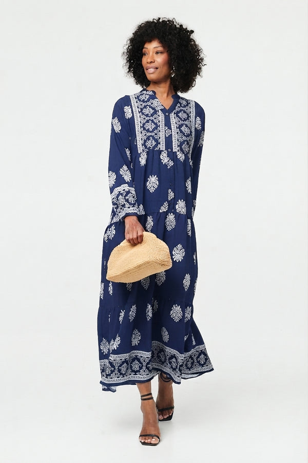 Navy | Border Print Tier Long Sleeve Maxi Dress