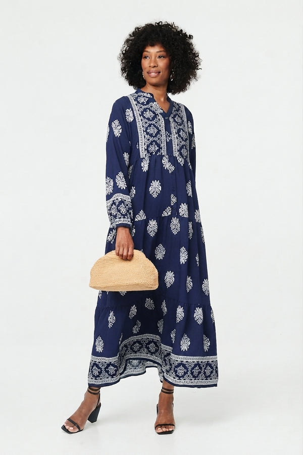 Navy | Border Print Tier Long Sleeve Maxi Dress