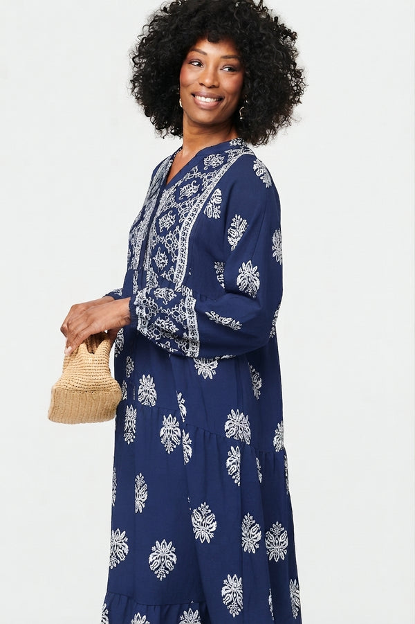 Navy | Border Print Tier Long Sleeve Maxi Dress
