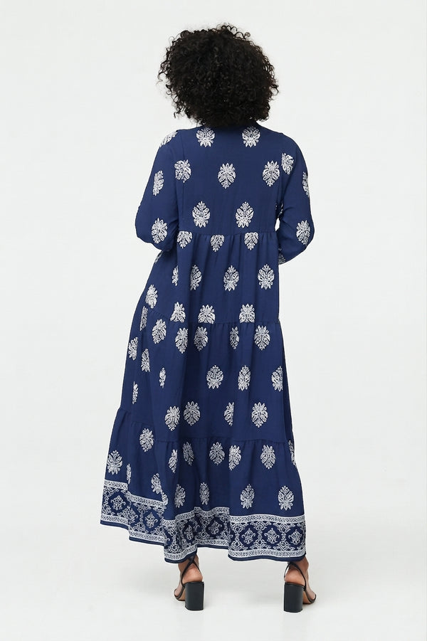 Navy | Border Print Tier Long Sleeve Maxi Dress