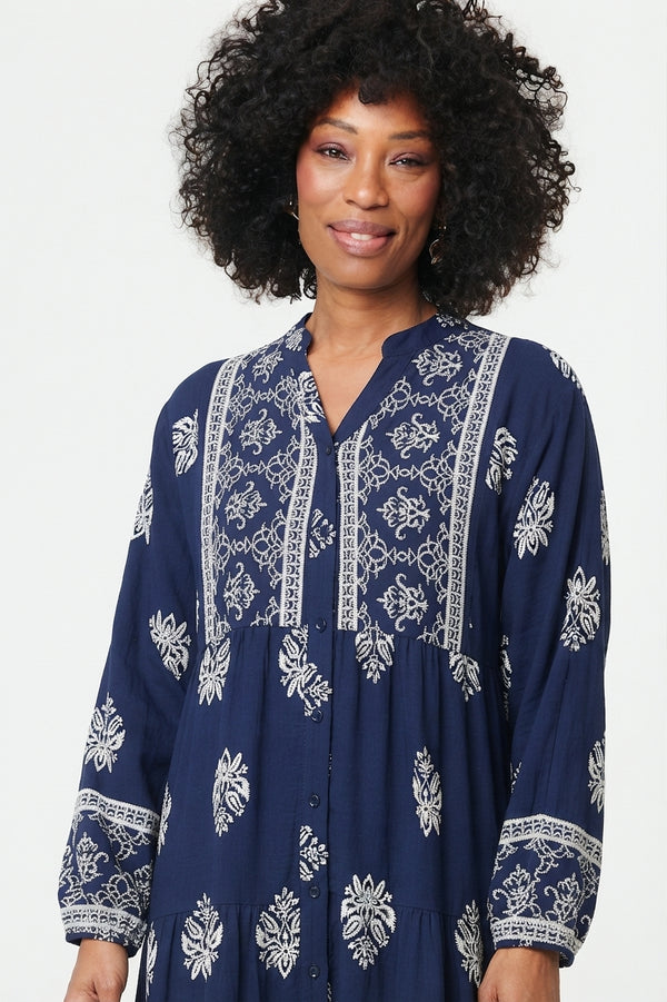 Border Print Tier Long Sleeve Maxi Dress