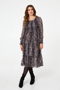 Black | Snake Print Smocked Midi Tiered Dress
