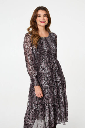 Black | Snake Print Smocked Midi Tiered Dress
