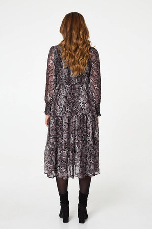 Black | Snake Print Smocked Midi Tiered Dress
