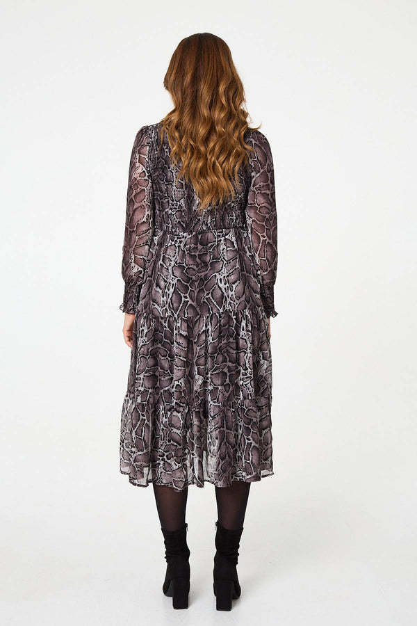 Black | Snake Print Smocked Midi Tiered Dress
