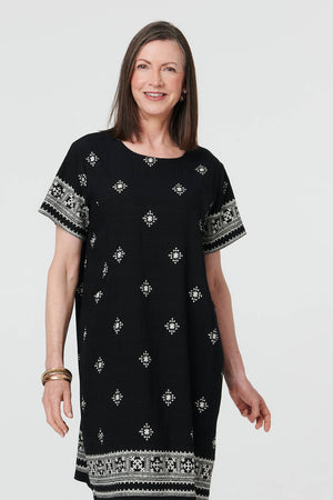 Black | Border Print Knee Length Shift Dress