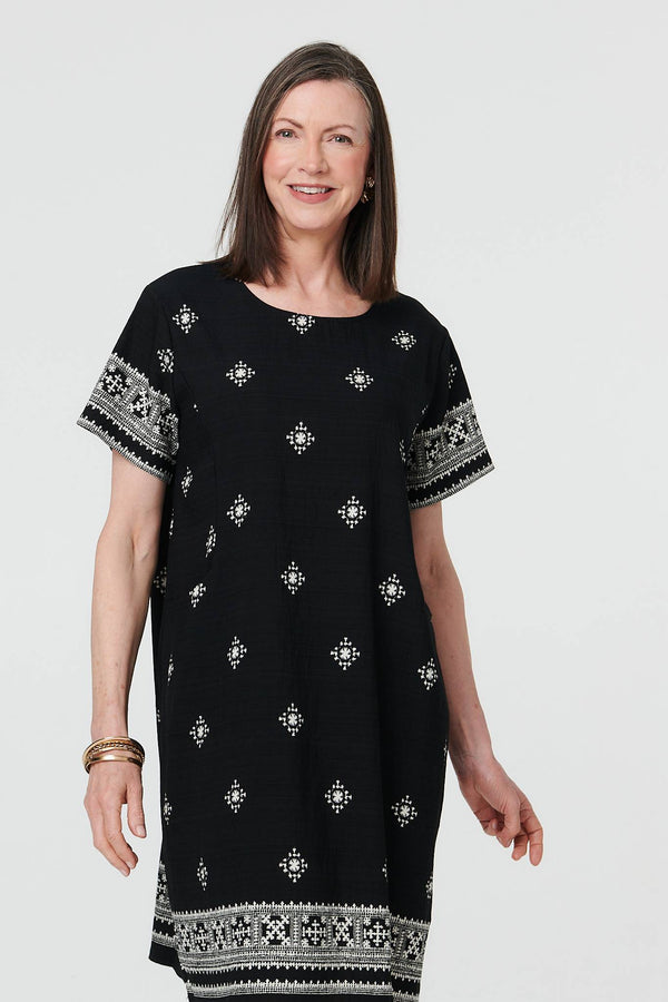 Black | Border Print Knee Length Shift Dress