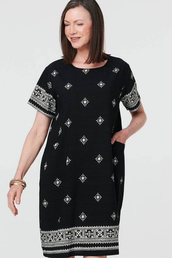 Black | Border Print Knee Length Shift Dress
