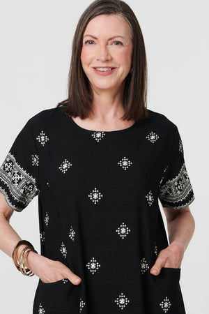 Black | Border Print Knee Length Shift Dress