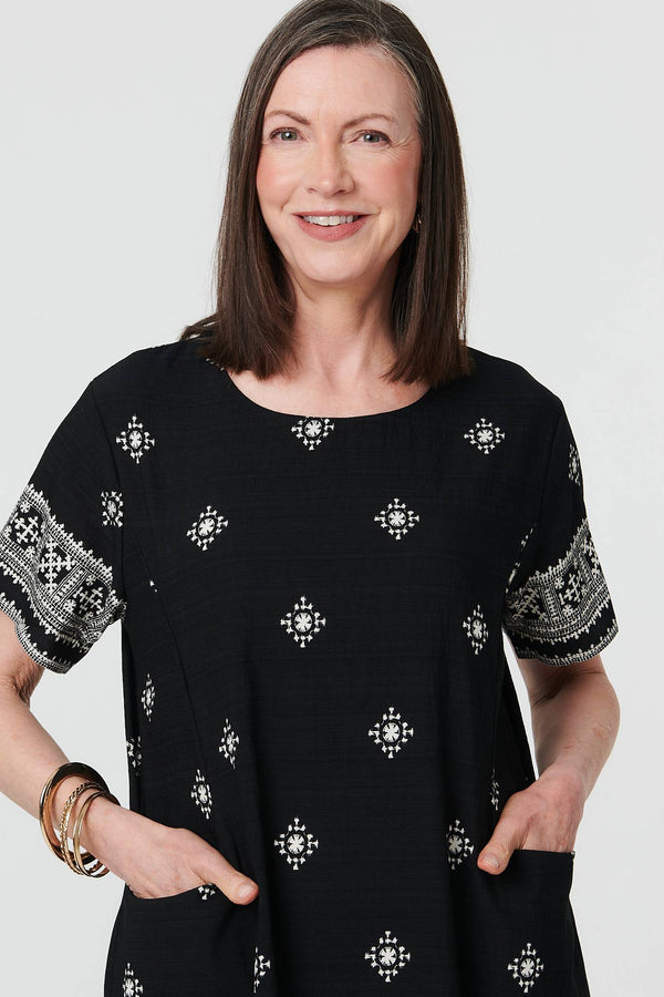 Black | Border Print Knee Length Shift Dress