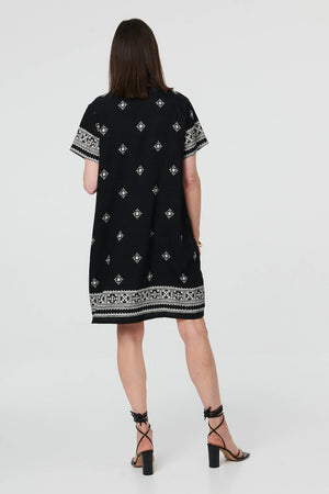 Black | Border Print Knee Length Shift Dress