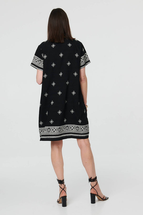 Black | Border Print Knee Length Shift Dress