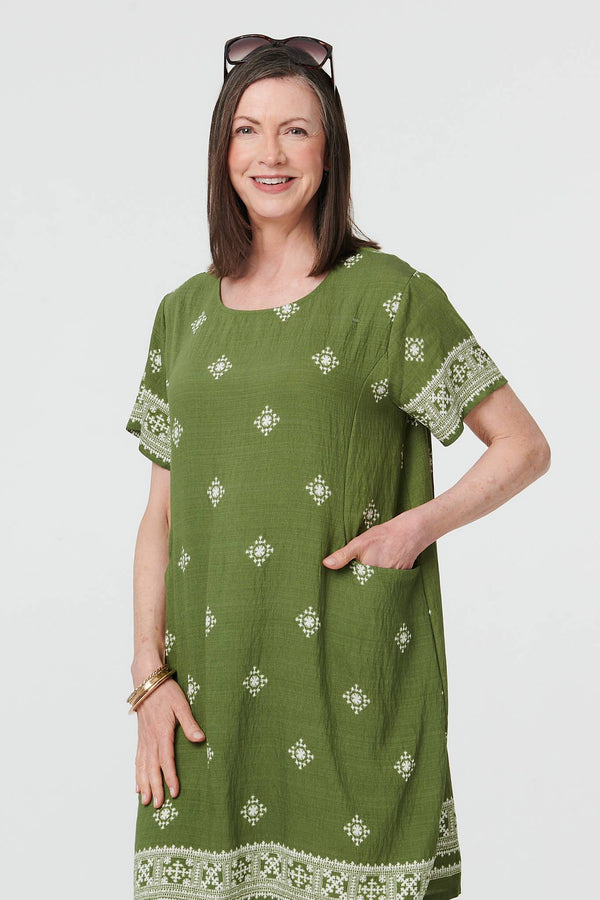 Green | Border Print Knee Length Shift Dress