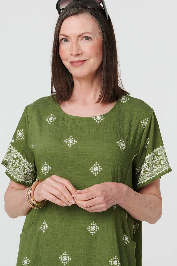 Green | Border Print Knee Length Shift Dress